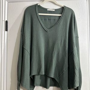 Green V-Neck Waffle Knit Sweater